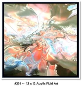 231 Acrylic Fluid Artwork is Custom framed, 12 x 12 artwork with sweeping and flowing sage green, peach, blue, yellow and black.