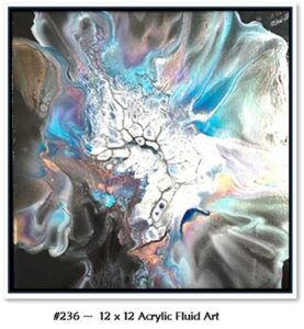 236 Acrylic Fluid Artwork is Custom, framed art with a central honeycomb in black and white surrounded by blues, peach, purple, brown, green and charcoal.