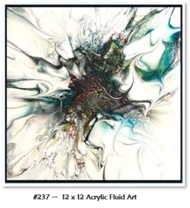 237 Acrylic Fluid Artwork is a Custom, framed, 12 x 12 artwork with charcoal, sweeping blues, greens and yellow to white shades. 