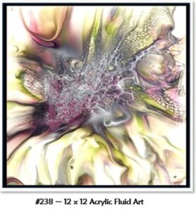 238 Acrylic Fluid Artwork is Custom, framed art with a flowing central honeycomb in grays and magenta flowing to greens, rose, yellows, grays and white. 