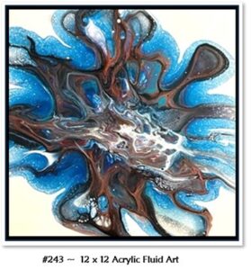 243 Acrylic Fluid Artwork is a Custom, framed, 12 x 12 with blues, browns and whites. Visit the Artwork scenes to see this artwork in various settings.