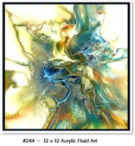 244 Acrylic Fluid Artwork is a Custom, framed, 12 x 12 featuring a honeycomb effect with greens, yellows, blues and sweeping orange, yellow, aqua and white. 