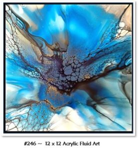 246 Acrylic Fluid Artwork is Custom art with the appearance of a dragon fly with wings with flowing blues, purples and browns.