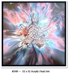 248 Acrylic Fluid Artwork is a Custom, framed, 12 x 12 with a central honeycomb and flowing blues, pinks, orange, purple and charcoal.