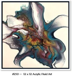 250 Acrylic Fluid Artwork is a Custom, framed, 12 x 12 in an Iris shape with various shades of blue, yellow, plum, white and charcoal. 