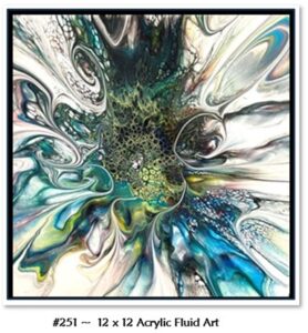 251 Acrylic Fluid Artwork is Custom artwork with a honeycomb center in green and black with colors flowing and swirling in greens, blues, aqua.