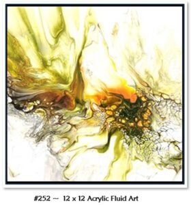 252 Acrylic Fluid Artwork is Custom, framed, 12 x 12 artwork featuring a flame like center with yellows, oranges, rust, charcoal and white. 