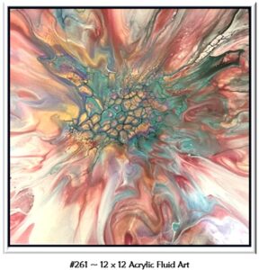 261 Acrylic Fluid Artwork is custom 12 x 12 art with a central honeycomb with blue, aqua, gold, salmon, peach, yellow and white.