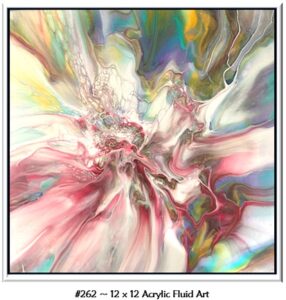 262 Acrylic Fluid Artwork is custom, framed 12 x 12 art with vibrant rose, yellow, aqua, purple, blue, green and white flowing from a central honeycomb.