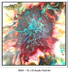 264 Acrylic Fluid Artwork is Custom art with vibrant aqua against darker purple and brown flowing to stunning magenta, pink, yellow and green.