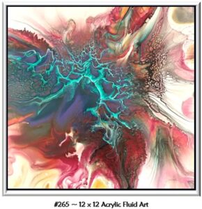 265 Acrylic Fluid Artwork is custom 12 x 12 art with bright aqua over blue and purple flowing to magenta, rose, yellow and cream colors.