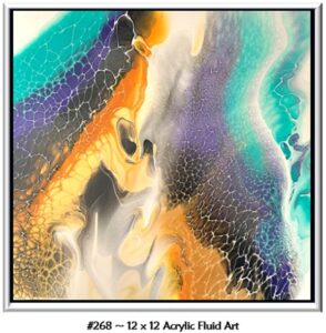 268 Acrylic Fluid Artwork is Custom art with dramatic yellow, orange, black, purple, aqua, white and gray that has an overall honeycomb effect.